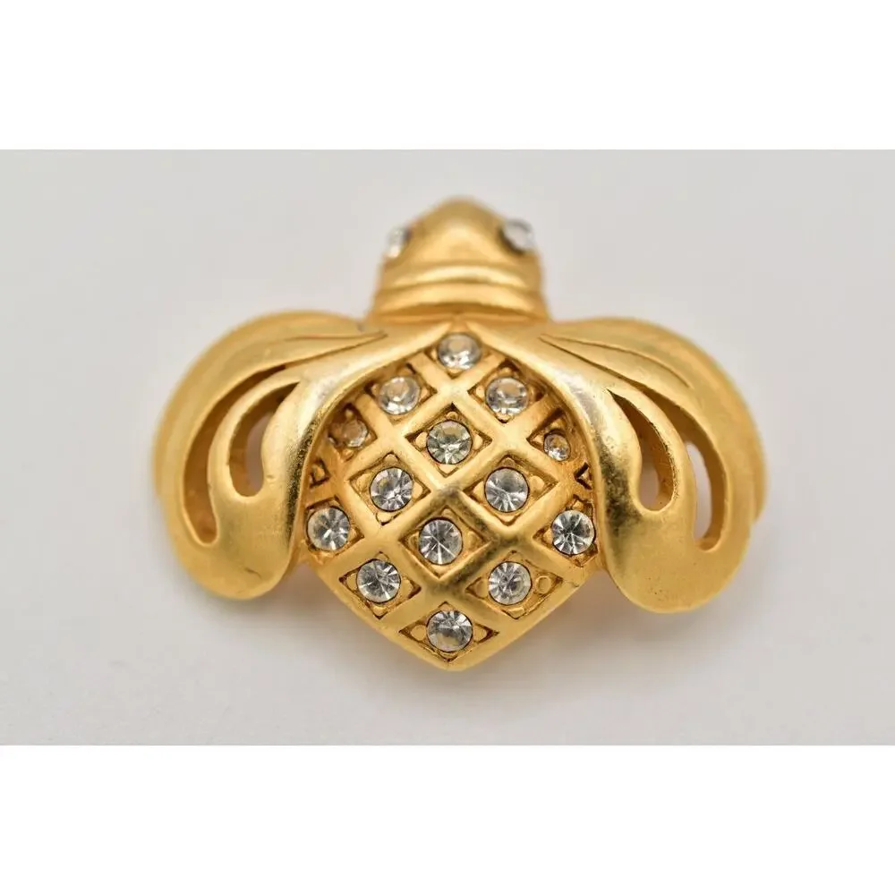 Swarovski Vintage Bee Bug Pin Brooch Brushed Gold Crystal Swan Signed 90s BinBG